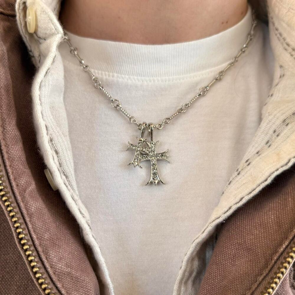 Y2K 2000s Silver Double Jesus Cross Necklace Unisex Chain Pendant New